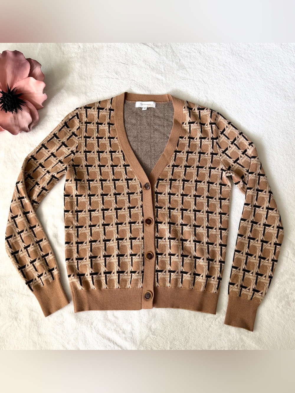 ROSETA GETTY Geometric Camel Cardigan Small
